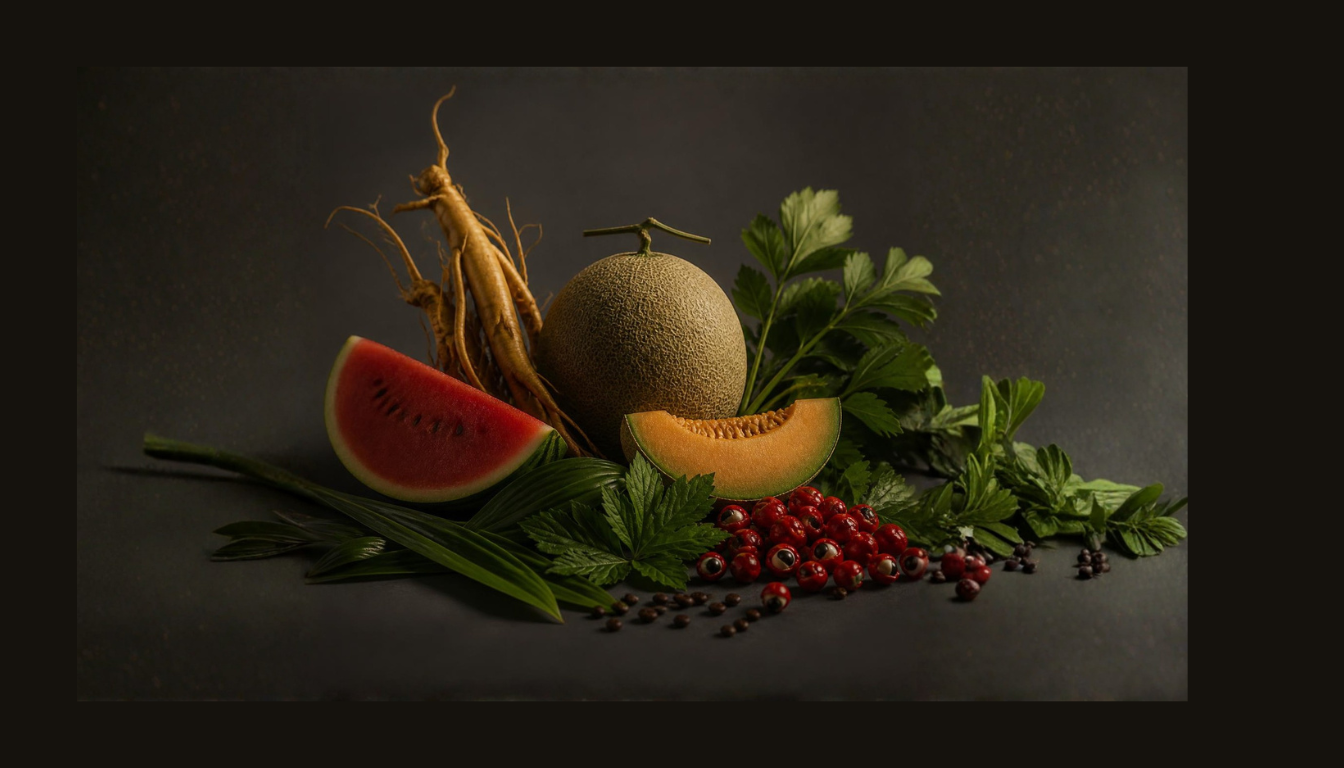 Bahan alami OHIMEN: melon, semangka, cordyceps, madu, dan daun segar di atas batu slate hitam